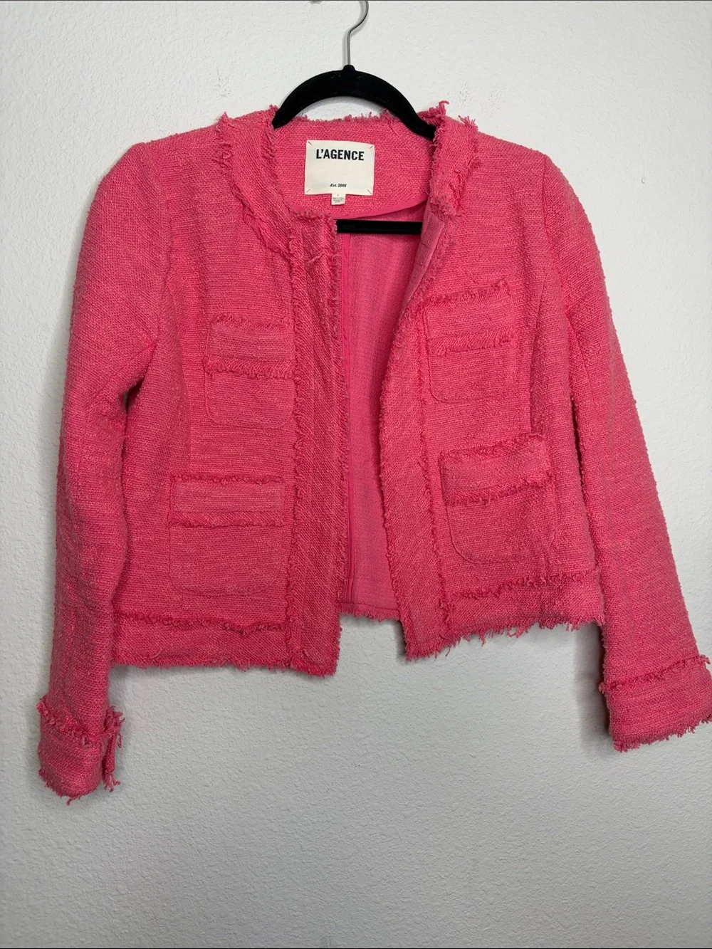 L’AGENCE | Women’s Keaton Tweed Short Blazer in Coral Rose Size 0